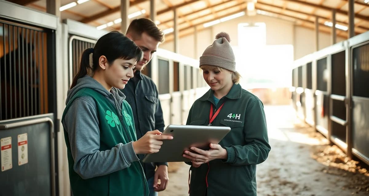4-H youth and volunteer collaborating on equine barn management using digital software in organized stable facility