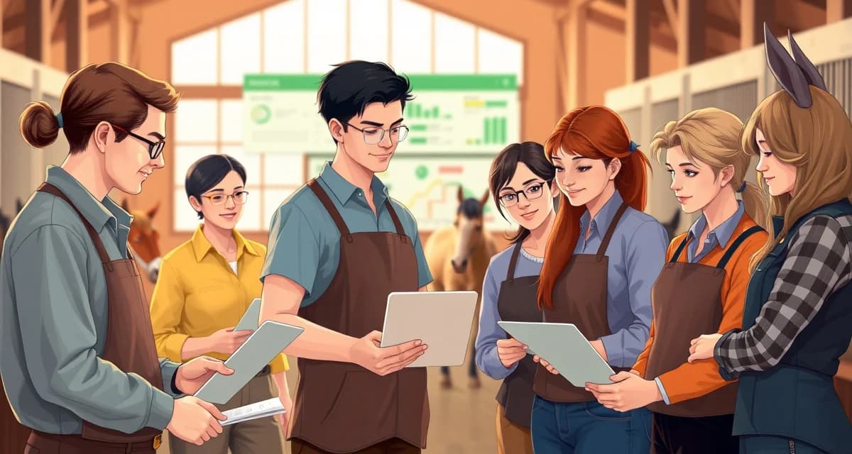 4-H equine barn staff management team collaborating in a modern stable facility with integrated software solutions.