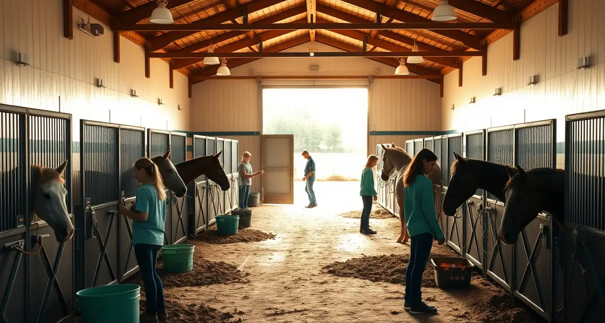 4-H youth members managing daily horse barn operations including stall cleaning, grooming, and horse care in an organized equine facility