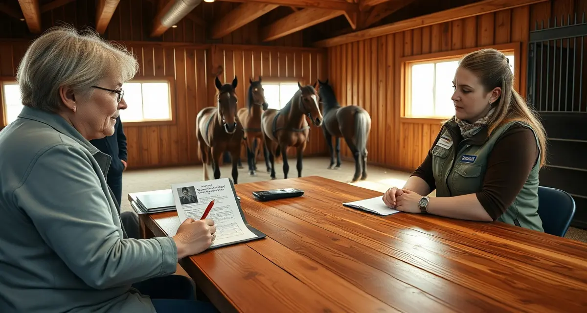 4-H horse barn manager coordinating emergency communication protocols with staff members using organized documentation system