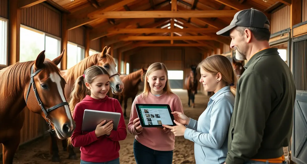 4-H horse barn owner receiving farrier and training updates through digital communication software on mobile device