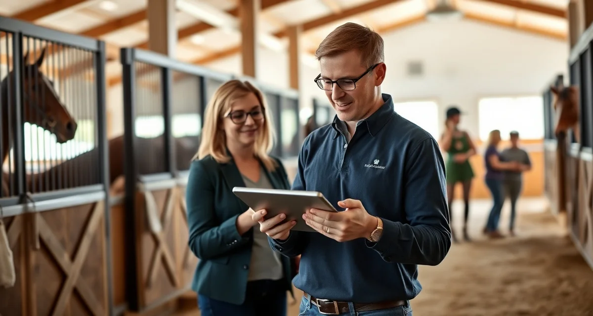 4-H horse barn owner reviewing photo updates on tablet to track rider progress and training milestones