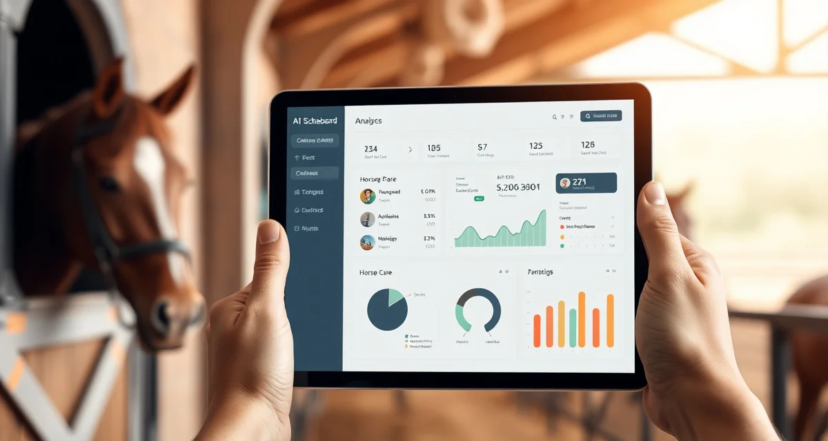 AI barn management platform dashboard displaying automated scheduling, horse care logs, and farrier appointment tracking for modern stable operations.