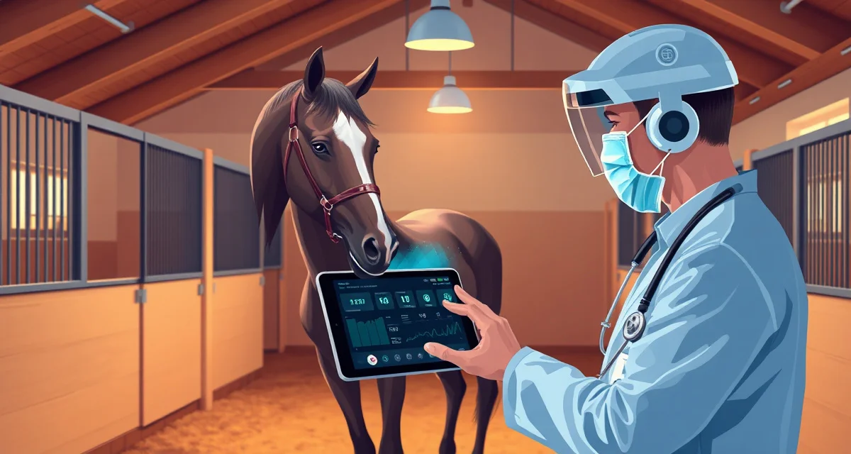 AI health monitoring system tracking vital signs of recovering horse in layup barn facility with digital dashboard display