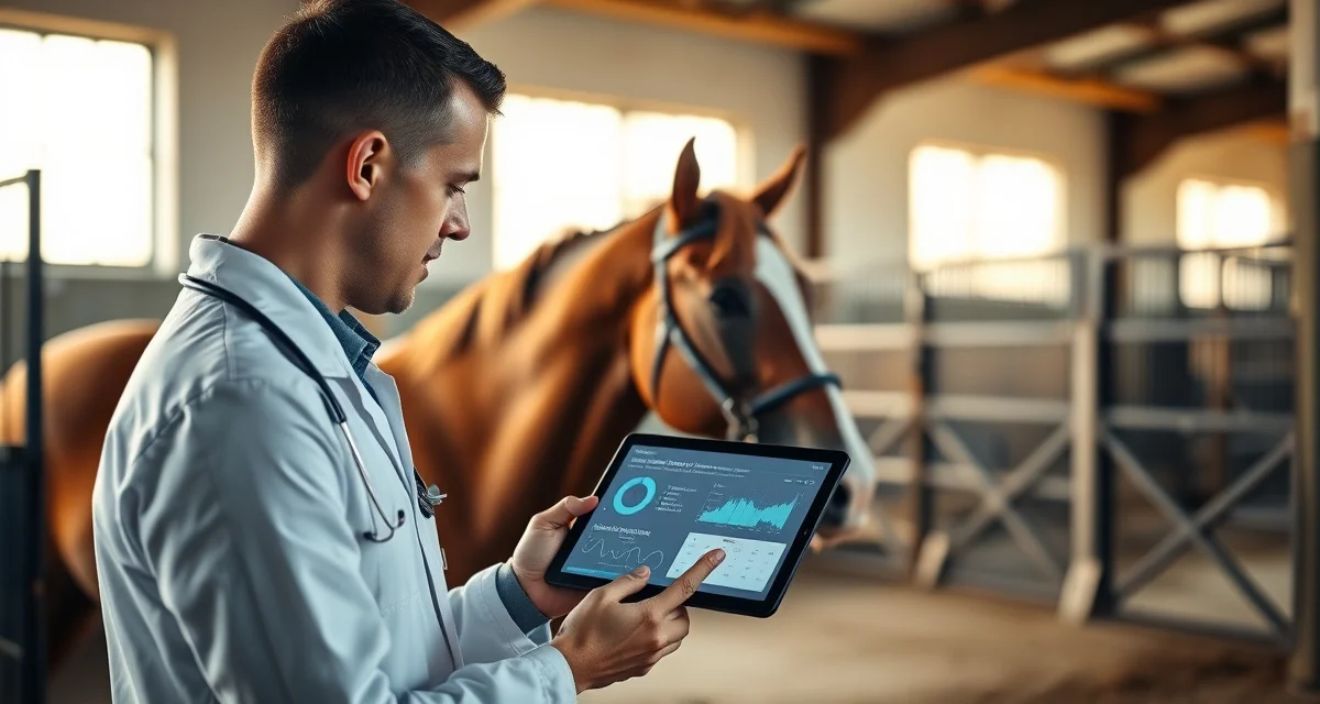 AI health monitoring system tracking vital signs of athletic horse at training barn facility with digital wellness data