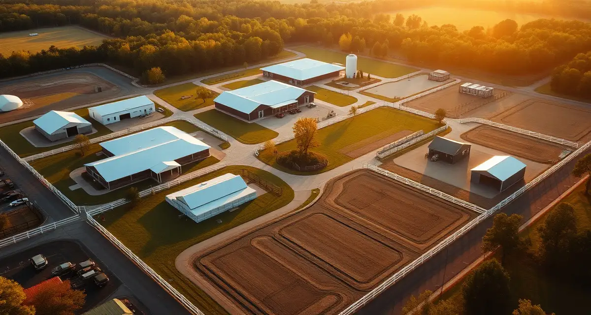 Modern Alabama equestrian facility featuring multiple barns, paddocks, and riding arenas with professional horse barn management infrastructure.
