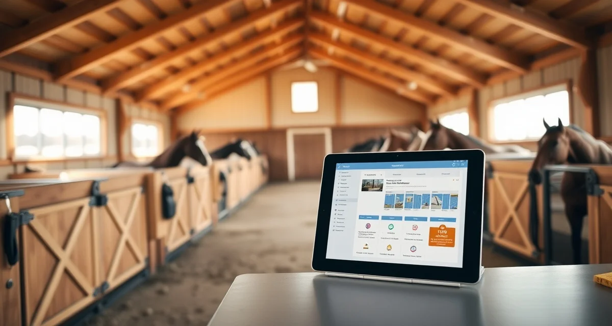 Modern horse barn management software interface displayed on tablet in organized Alaska equine facility with clean stalls and natural lighting.