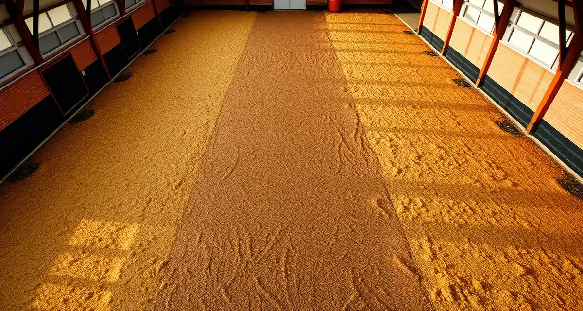 Close-up of quality arena footing materials showing sand and rubber mixture for equestrian stable maintenance