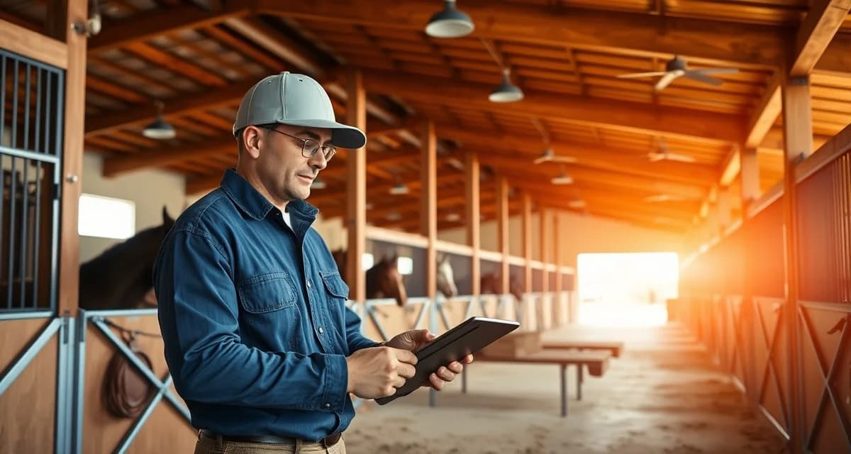 Modern barn management software interface displayed on tablet in Arizona horse facility with organized stalls and professional infrastructure