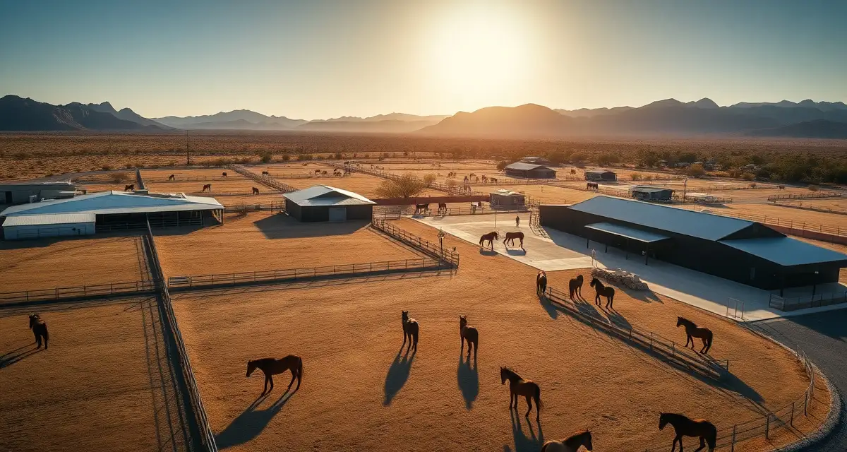 Modern horse boarding facility in Arizona showing multiple paddocks and barns with horses in a desert landscape setting.