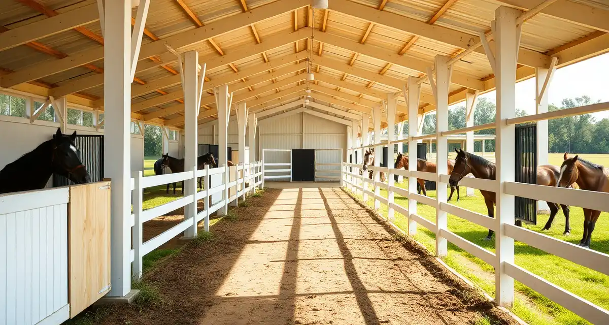 Modern Arkansas equestrian barn facility with white fencing, organized stables, and well-maintained pastures for horse boarding operations.