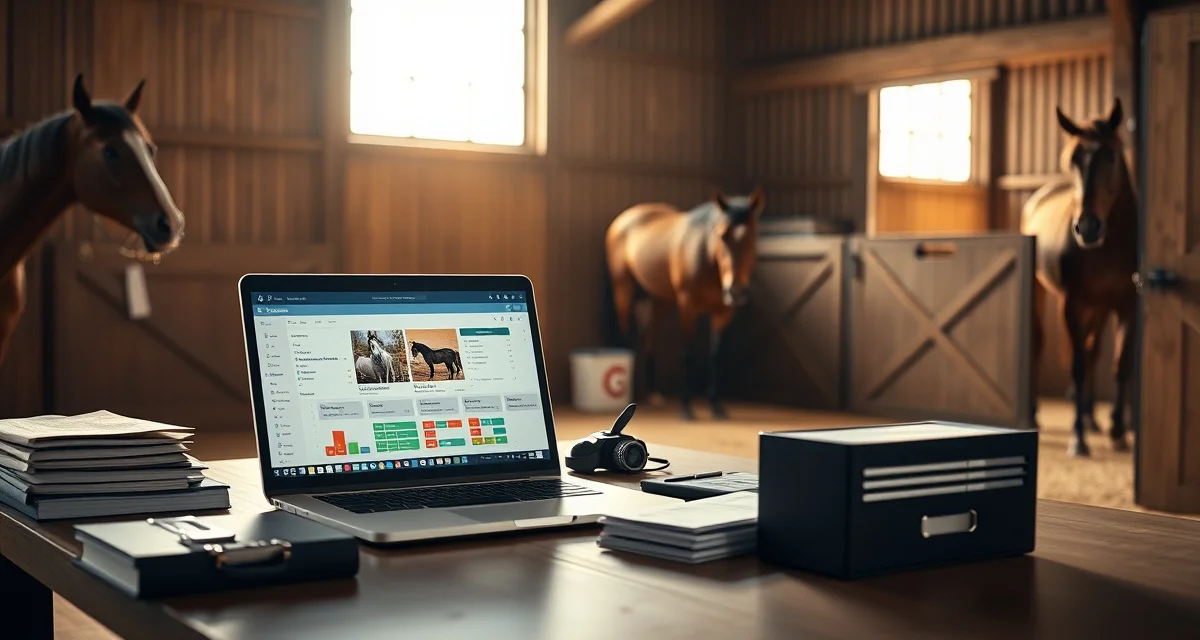 Equestrian facility management software dashboard displayed on laptop in modern horse barn office with organized digital records and scheduling system visible.