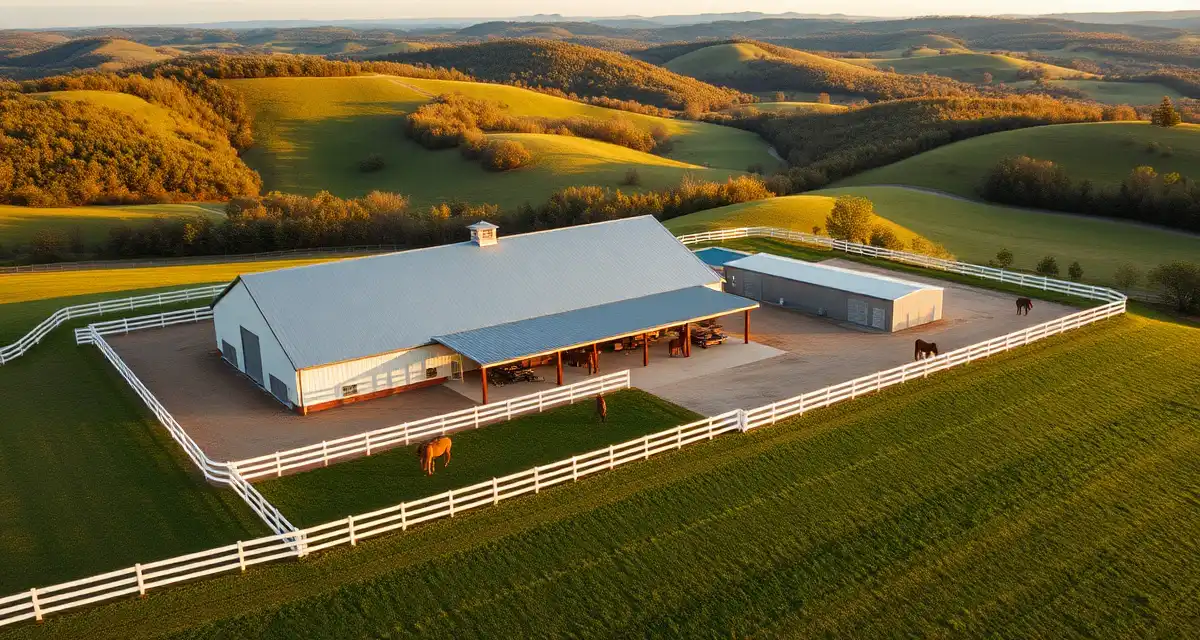 Aerial view of Arkansas equine facility with modern horse barn, white paddocks, and grazing pastures in rural setting