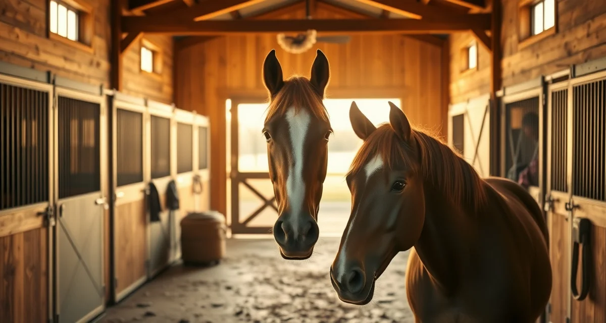 Modern horse boarding barn in Arkansas with organized stalls, professional stable management setup for equine care operations.