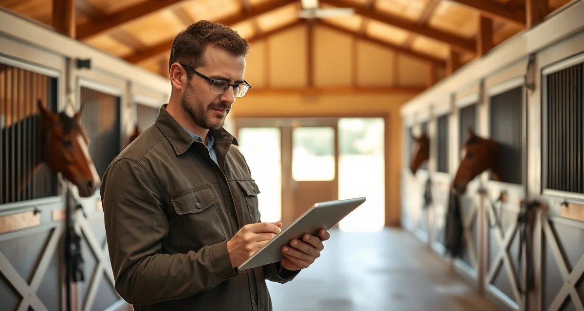 Barn manager reviewing bad weather turnout protocol on tablet in horse stable with organized management systems visible