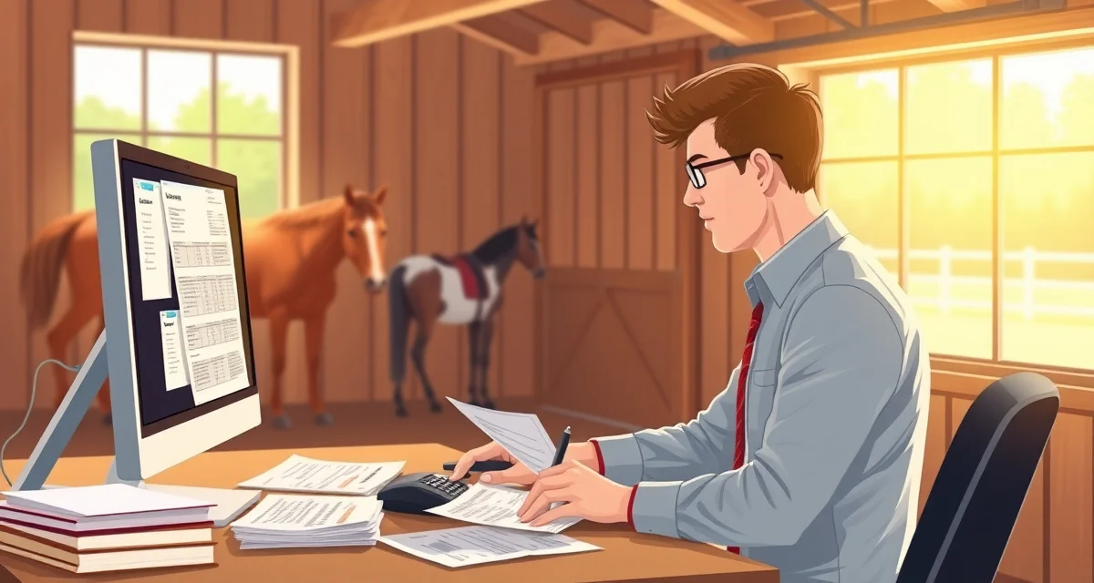 Horse barn manager organizing billing records and dispute resolution documentation for boarding facility accounting.