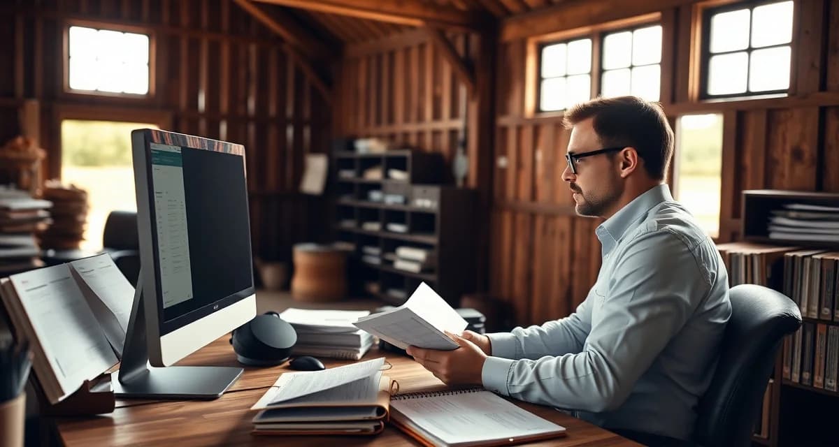 Barn manager reviewing billing software reports on computer in organized office space