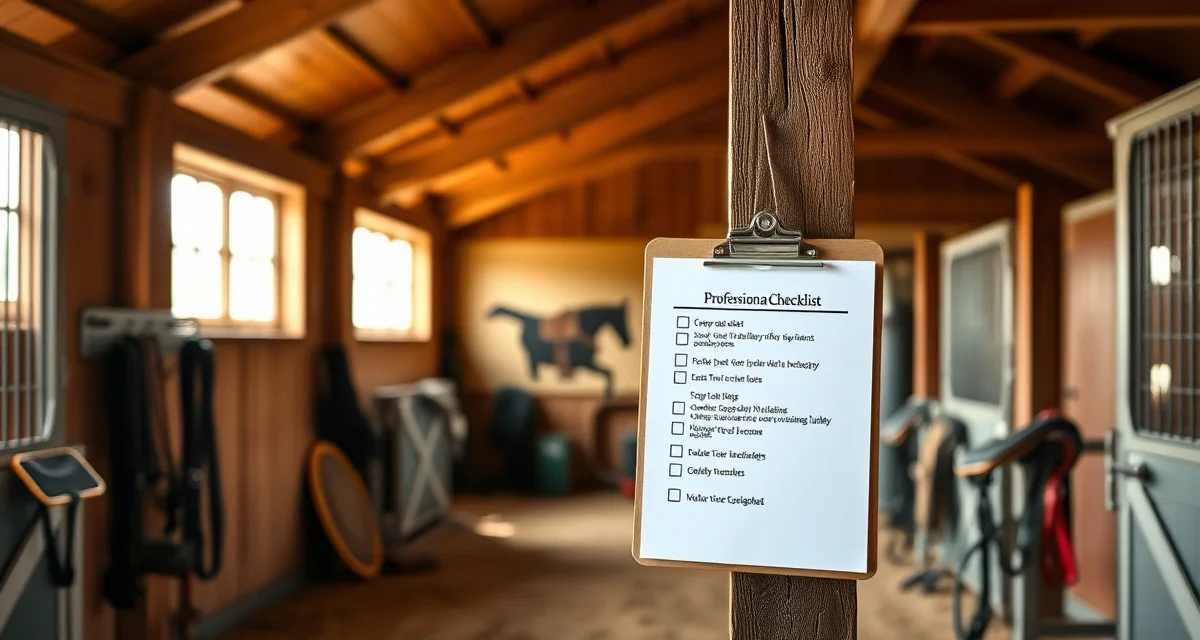 Organized barn checklist posted on clipboard in stable facility for daily task management and staff accountability