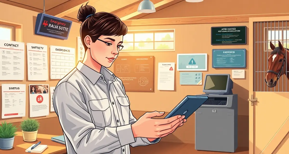 Barn manager using tablet to send emergency notifications to horse owners through organized communication system in stable office