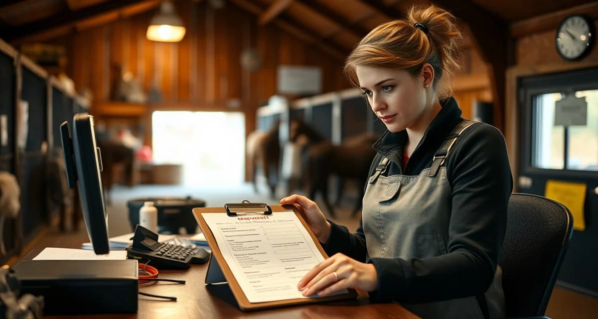 Barn manager reviewing emergency protocol checklist with veterinary contact information and evacuation procedures displayed