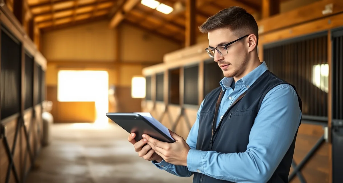 Barn manager using barn handover software on digital device to document shift handover tasks and critical stable information