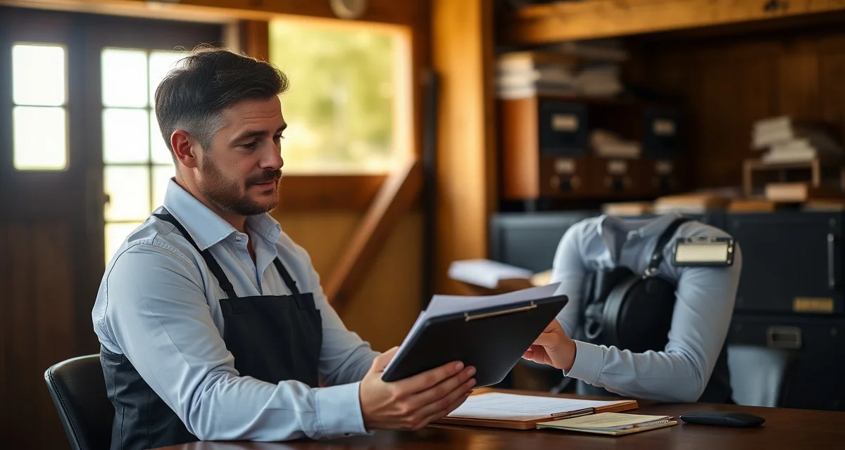 Barn manager documenting incident report with clipboard and digital records for horse facility safety and insurance compliance