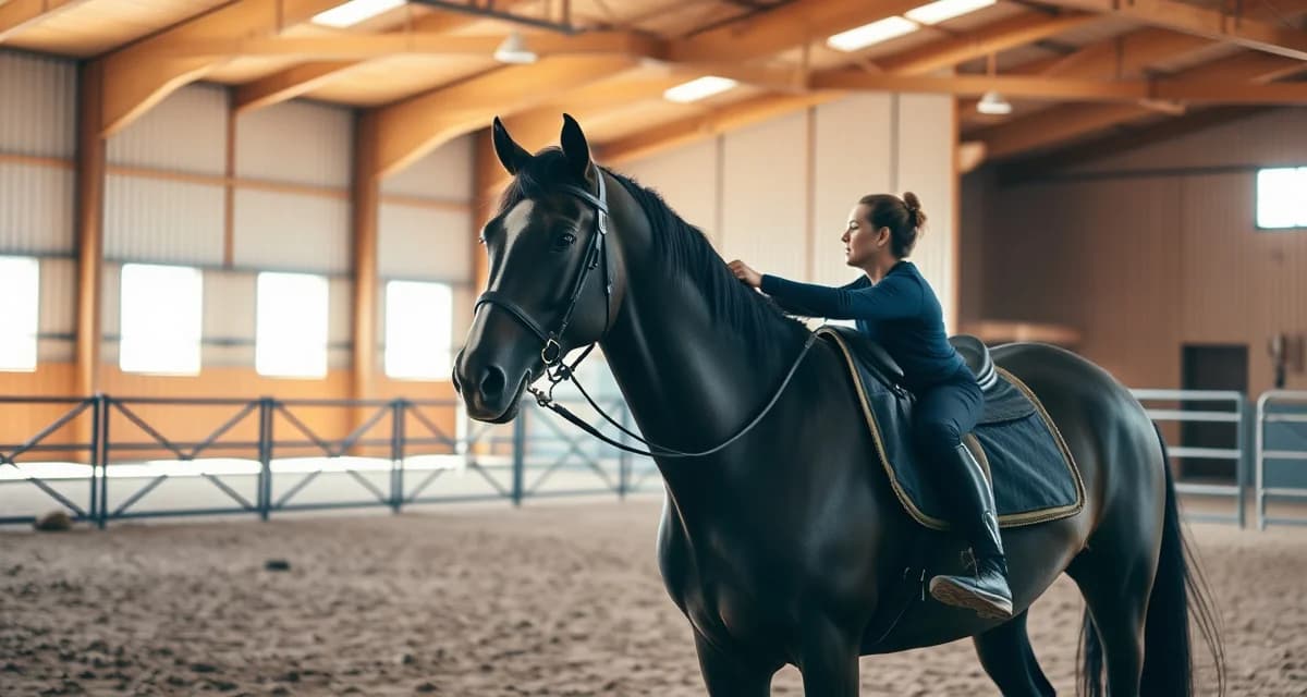 Professional horse trainer instructing rider during lesson in modern equipped training barn facility with organized stable management systems