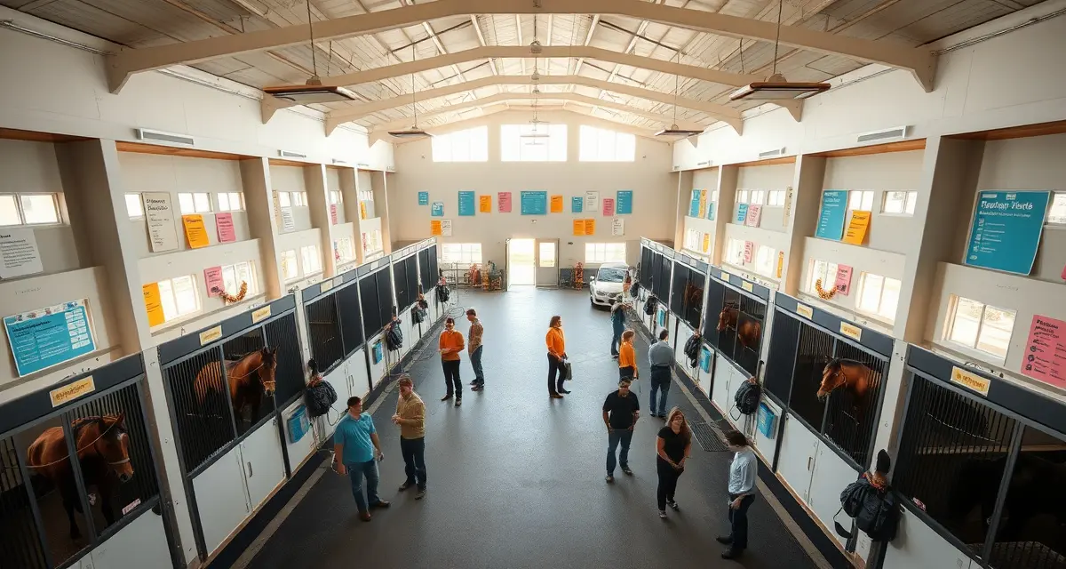 Organized horse barn interior showing daily management checklist system with color-coded task assignments for large-scale facility operations