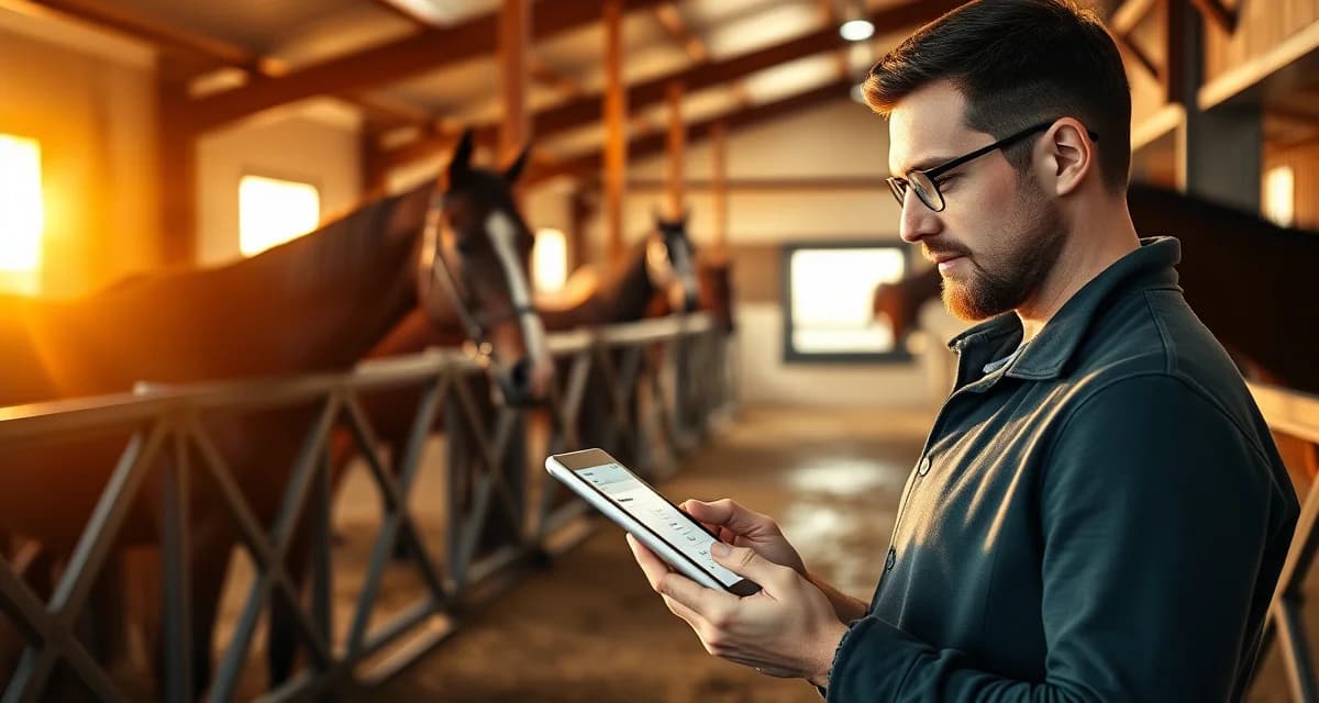 Barn manager using mobile app on tablet to manage horse health records and staff tasks from the stable.