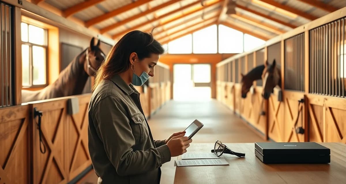 Modern barn management software interface displayed on tablet in organized Alabama horse stable facility with clean stalls and professional setup.