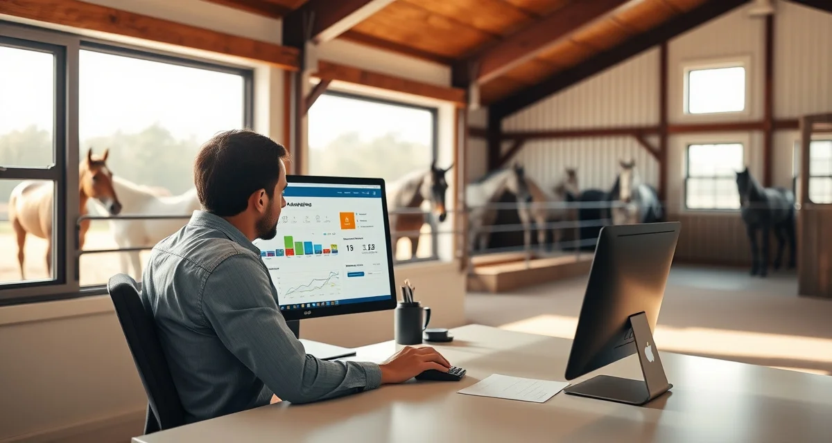 Horse barn manager using barn management software on computer at stable facility office desk near Albany, New York