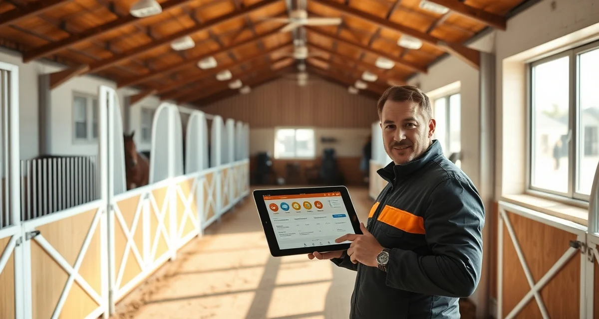 Modern barn management software dashboard displayed on tablet showing horse facility scheduling and operational tools for Birmingham Alabama equestrian centers