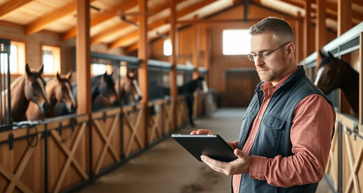Modern horse barn interior with digital barn management software displayed on tablet for Bismarck, North Dakota equestrian facilities.