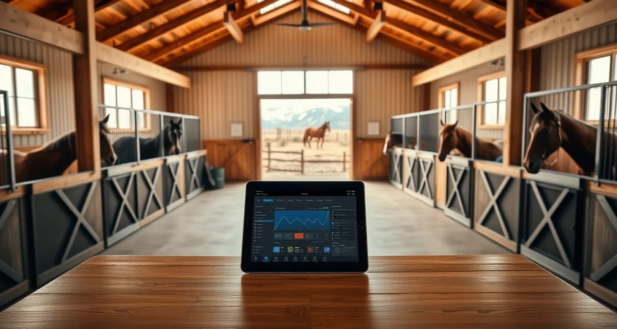 Barn management software displayed on tablet in modern horse barn facility near Bozeman, Montana with organized stalls and mountain views