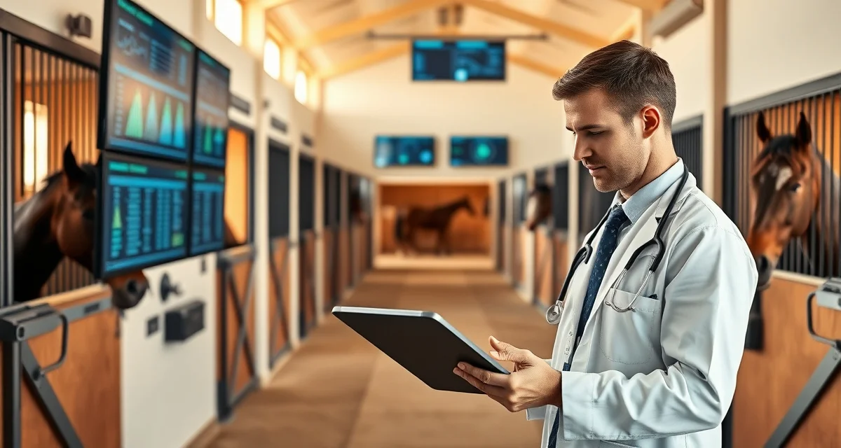 Modern horse breeding facility with digital barn management software displaying breeding records and stallion scheduling on tablet