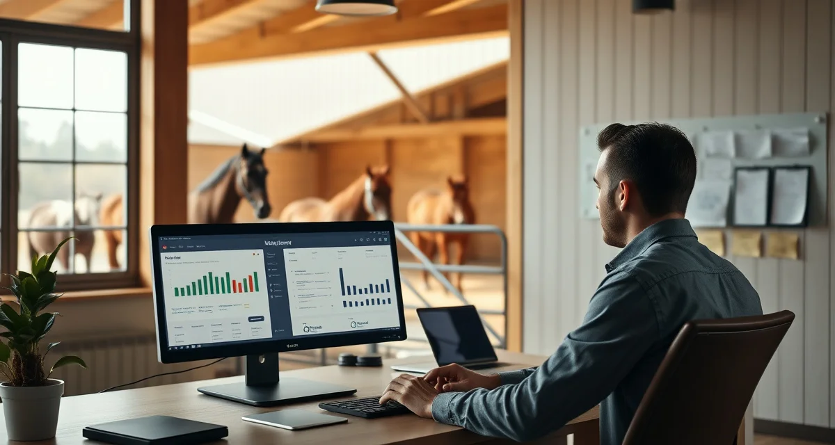 Barn management software interface displayed on computer screen in modern horse facility office, showing scheduling and boarding management tools