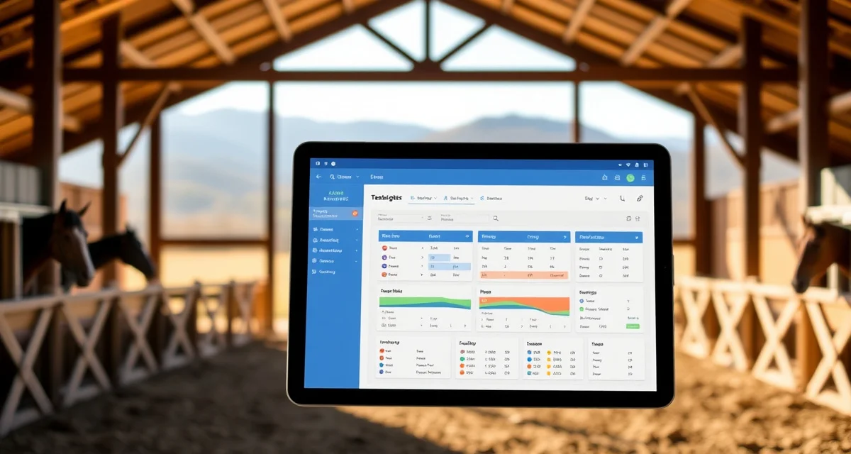 Barn management software dashboard for Catskills NY horse facilities displayed on tablet with barn operations in background