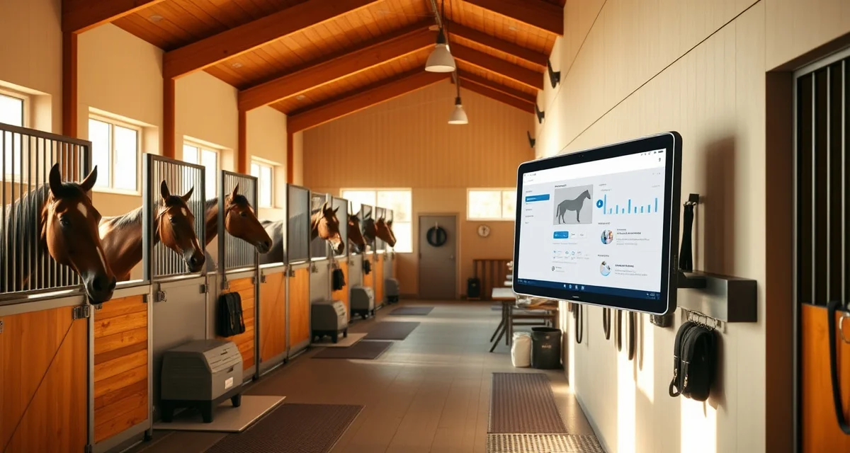 Modern horse barn management software dashboard displayed in a professional equestrian facility near Chicago, Illinois.