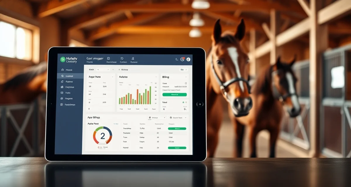 Barn management software dashboard interface displaying horse records, staff schedules, and veterinary appointments for equestrian facilities.