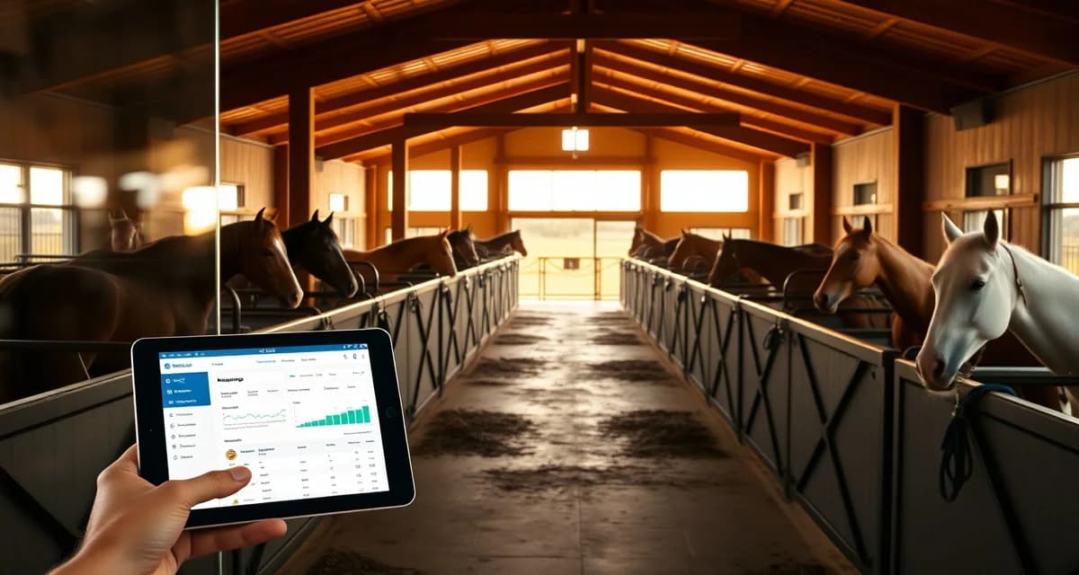 Modern barn management software interface displayed on tablet in Colorado horse facility with organized stalls and professional stable management setup.