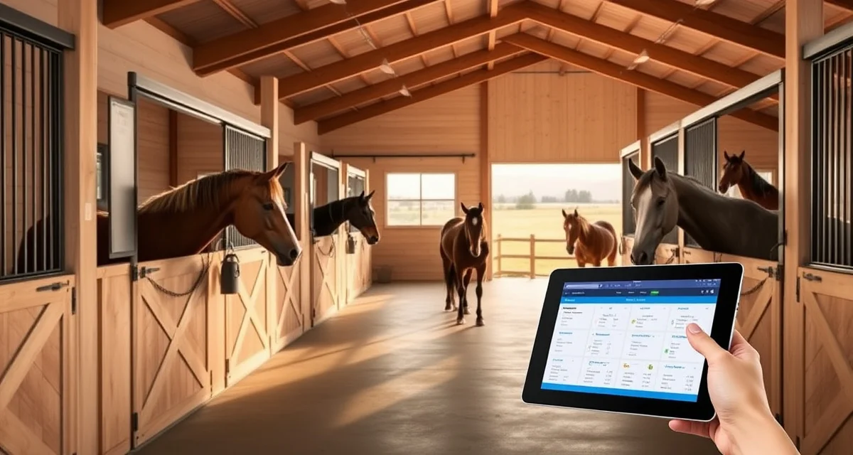 Modern horse barn facility in Eugene Oregon with digital barn management software interface displayed on tablet for stable operations