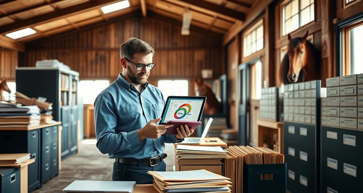 Modern horse barn interior showcasing organized stall management and digital software dashboard for equestrian facility operations