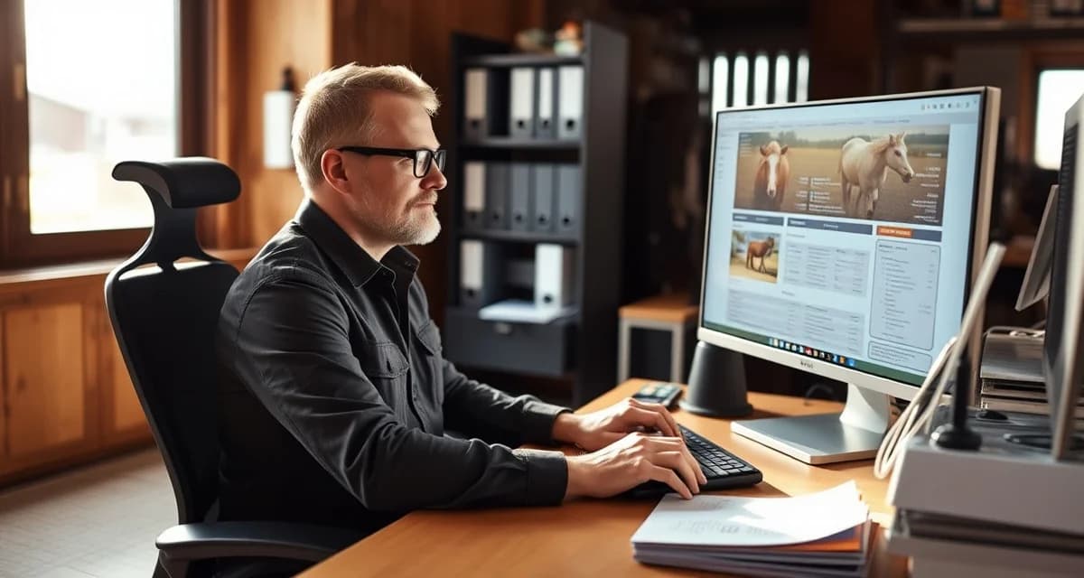 Barn manager using professional barn management software on computer to transition from paper records and spreadsheets