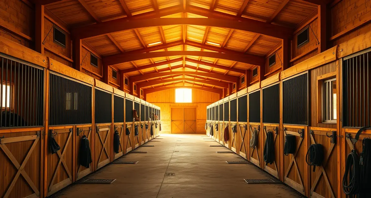 Modern horse barn interior showing organized stalls and aisles, representing barn management software solutions for Indianapolis equine facilities.