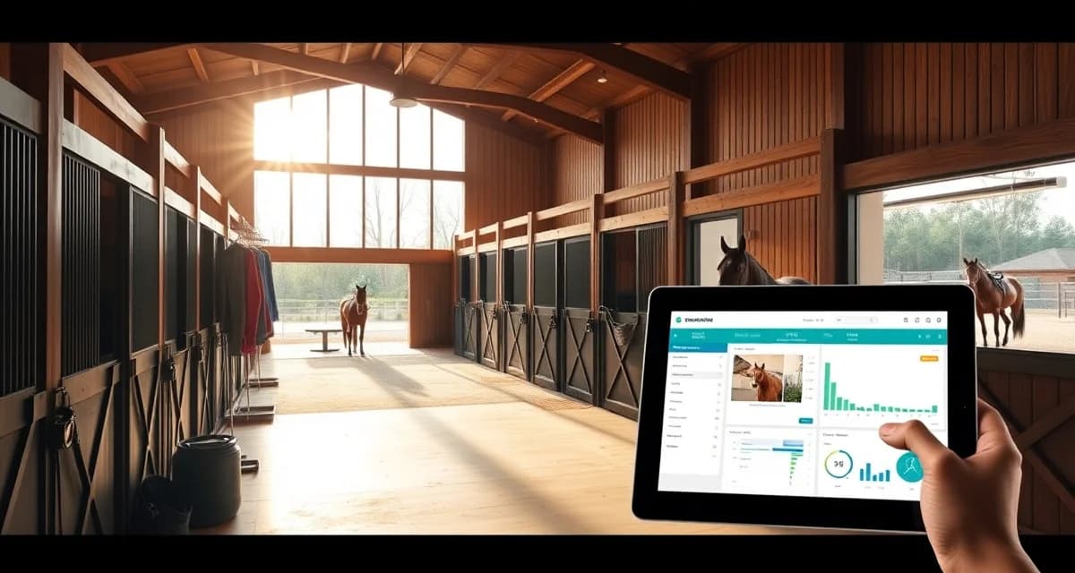 Modern horse barn facility with organized stalls and digital barn management software interface displayed on tablet for Kansas City equestrian operations