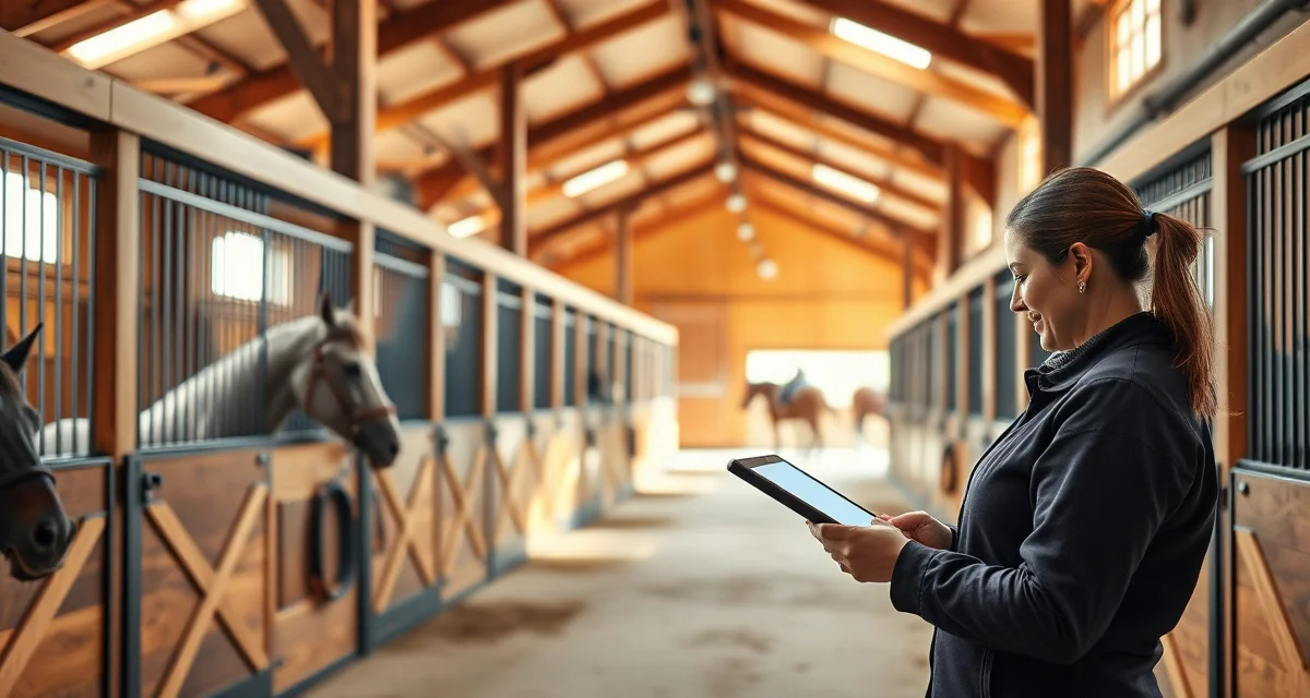 Modern horse barn interior with digital management system displayed on tablet for Kansas equine facility operations