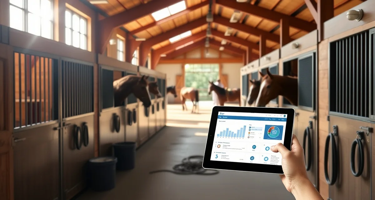 Modern barn management software interface displayed on tablet in organized Lexington Kentucky horse barn facility