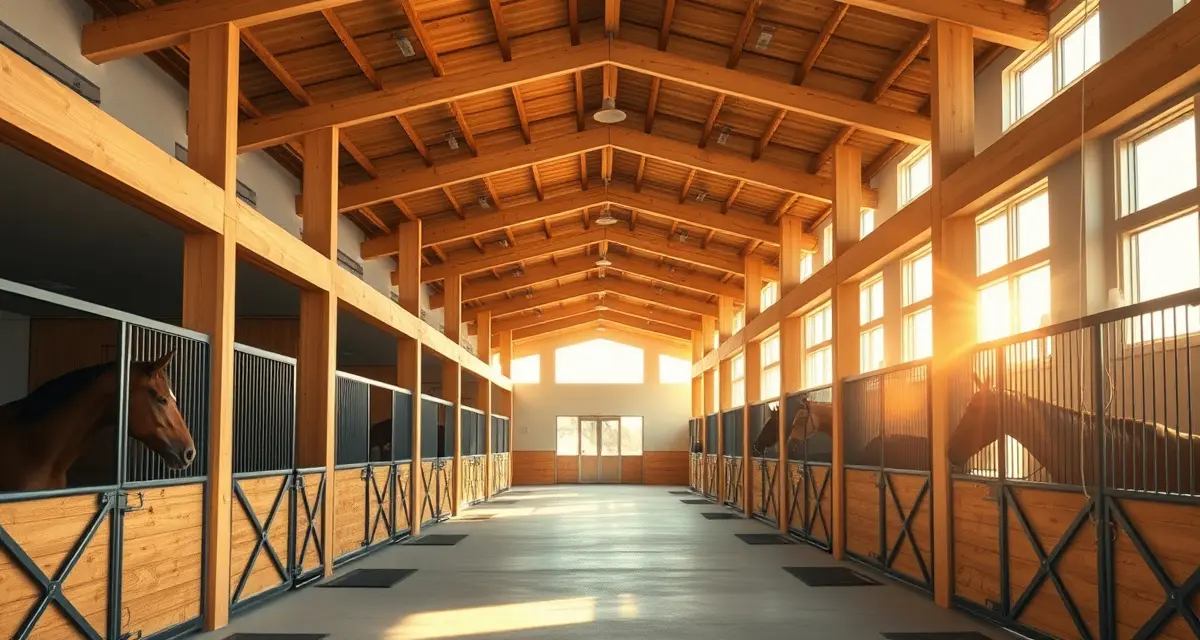Modern horse barn facility with organized stalls and professional barn management systems for Los Angeles equestrian operations