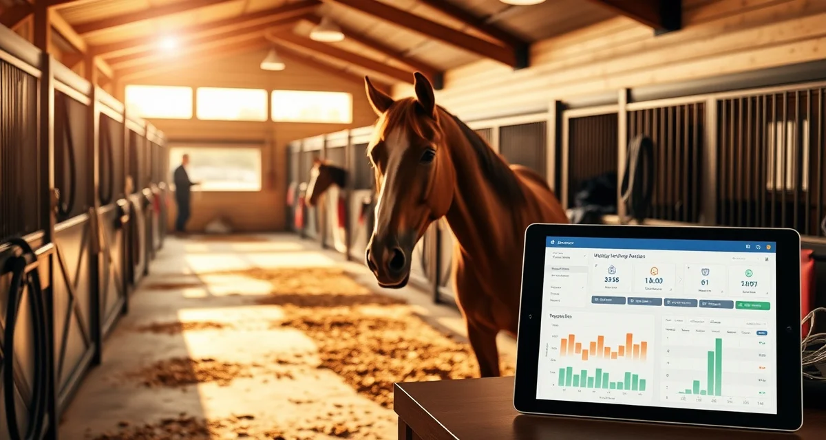 Modern horse barn interior with organized stalls and a tablet displaying barn management software dashboard for Maryland equine facilities
