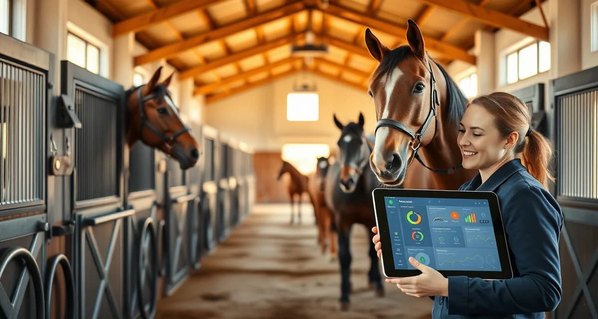 Modern horse barn management software interface displayed on tablet in organized equestrian facility near Memphis Tennessee
